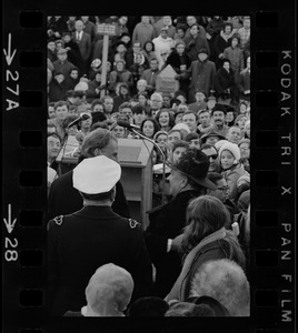 Billy Graham seen from behind in front of crowd at the re-enactment of the landing of the Pilgrims in Plymouth