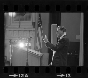 Evangelist Billy Graham addresses crowd who attended re-enactment of landing of the Pilgrims in Plymouth