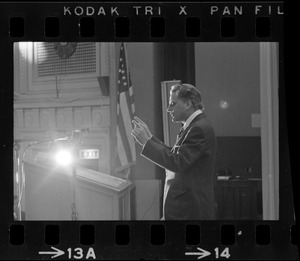 Evangelist Billy Graham addresses crowd who attended re-enactment of landing of the Pilgrims in Plymouth