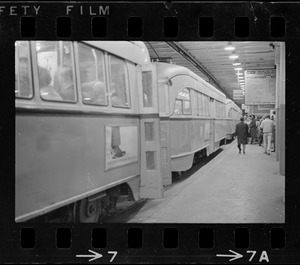 Subway platform and train with during Boston blackout