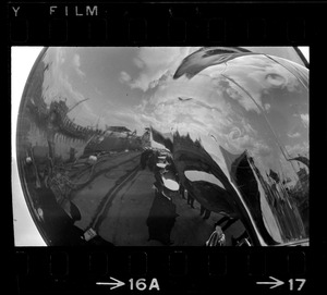 Reflection in a horn at ceremony for the transfer and commissioning of German missile destroyer