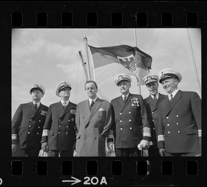 Rear Admiral Frank C. Jones, Vice Admiral Gert Jeshonnek GN, Ambassador from Germany Rolf Pauls, Admiral Bernard Clarey USN, Rear Admiral Joseph C. Wylie USN, and Commander Ansgar Bethge GN at the transfer and commissioning of German missile destroyer