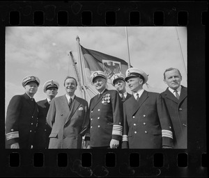 Rear Admiral Frank C. Jones, Vice Admiral Gert Jeshonnek GN, Ambassador from Germany Rolf Pauls, Admiral Bernard Clarey USN, Rear Admiral Joseph C. Wylie USN, Commander Ansgar Bethge GN and an unidentified man at the transfer and commissioning of German missile destroyer