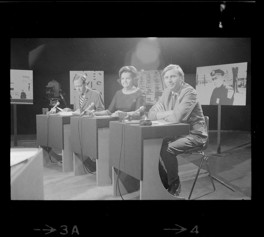 Mayoral candidates John L. Saltonstall, Jr., Louise Day Hicks and John E. Powers, Jr. seen at Channel 2