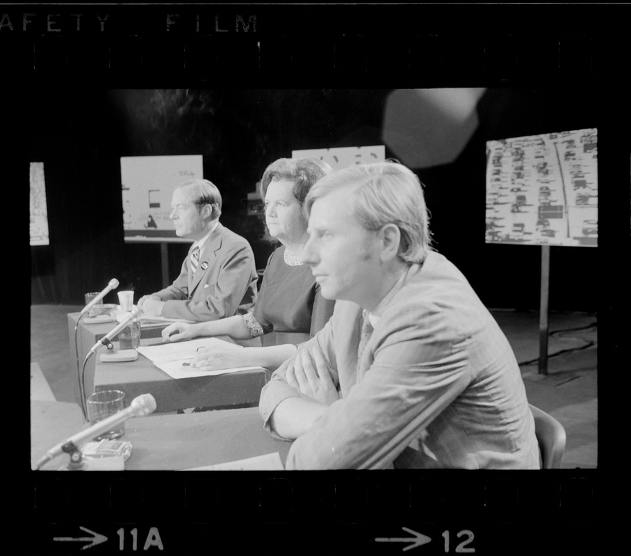 Mayoral candidates John L. Saltonstall, Jr., Louise Day Hicks and John E. Powers, Jr. seen at Channel 2