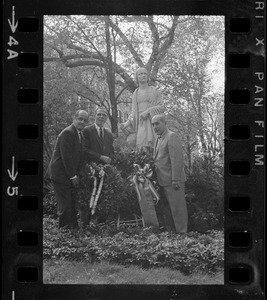 Italian Consul General Francesco Tonci Ottieri, Boston Mayor Kevin H. White and Boston City Councilor Frederick Langone in front of statue of Christopher Columbus in Louisburg Square