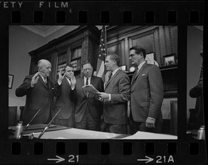 Secretary of State Kevin White, second from right, swears in special board for Bellotti hearing