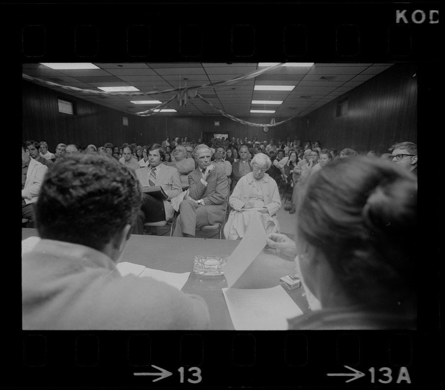 Mayor Kevin White seen in front row at meeting with residents of Roslindale and others to discuss more police protection following the murder of 3-year-old boy Robert Jankowski