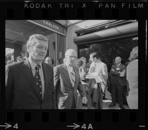 New York Mayor John Lindsay, left, and Philadelphia Mayor James Tate, right, seen outside the Ritz Carlton Hotel, Boston