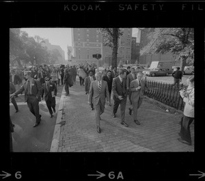 New Orleans Mayor Moon Landrieu, left, Wilmington Mayor Harry Haskell, center, and Boston Mayor Kevin White, right, take a tour of Boston's Back Bay neighborhood along with mayors of other cities