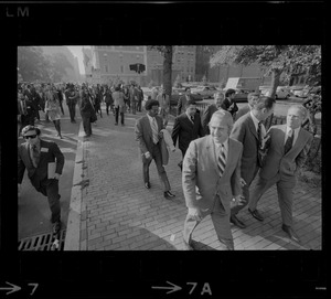 New Orleans Mayor Moon Landrieu, left, Wilmington Mayor Harry Haskell, center, and Boston Mayor Kevin White, right, take a tour of Boston's Back Bay neighborhood along with mayors of other cities