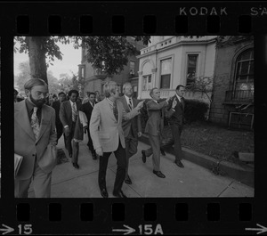 Seattle Mayor Wesley C. Uhlman, New Orleans Mayor Moon Landrieu, Boston Mayor Kevin White and Wilmington Mayor Harry Haskell seen out front on tour of Boston's Back Bay neighborhood with mayors of other big cities