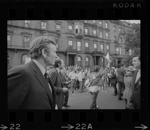 New York Mayor John Lindsay in foreground watching crowds while he takes a tour of Boston's Back Bay neighborhood