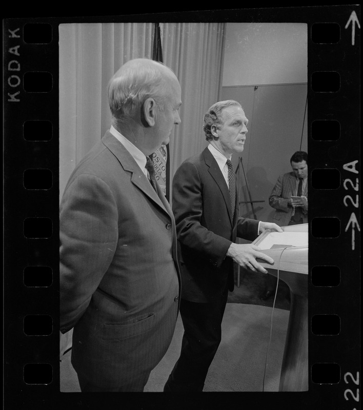 Boston Mayor Kevin White speaking during unveiling of plans for new stadium while New England Patriots president Billy Sullivan looks on