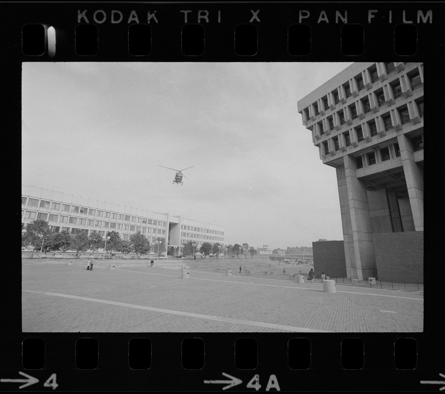 Helicopter seen approaching City Hall Plaza