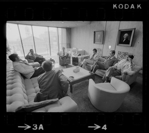 Mayor Kevin White the day after winning in the primaries, sitting with others in his office