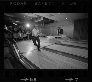 Mayor Kevin White bowling with Boston Police bowling team at Lucky Strike Alley