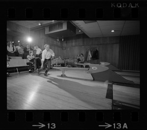 Mayor Kevin White bowling with Boston Police bowling team at Lucky Strike Alley