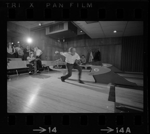 Mayor Kevin White bowling with Boston Police bowling team at Lucky Strike Alley