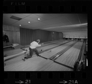 Mayor Kevin White bowling with Boston Police bowling team at Lucky Strike Alley