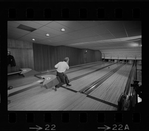 Mayor Kevin White bowling with Boston Police bowling team at Lucky Strike Alley
