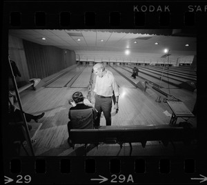 Mayor Kevin White talking with Boston Police bowling team member at Lucky Strike Alley