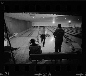 Mayor Kevin White walking back to waiting area after turn with the Boston Police bowling team at Lucky Strike Alley