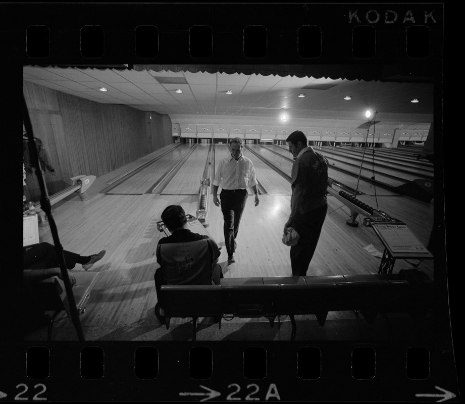 Mayor Kevin White walking back to waiting area after turn with the Boston Police bowling team at Lucky Strike Alley