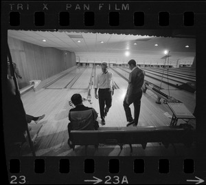 Mayor Kevin White walking back to waiting area after turn with the Boston Police bowling team at Lucky Strike Alley