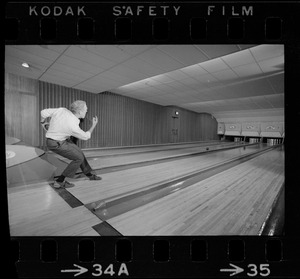 Mayor Kevin White bowling with Boston Police bowling team at Lucky Strike Alley