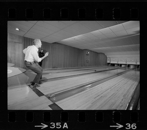 Mayor Kevin White bowling with Boston Police bowling team at Lucky Strike Alley
