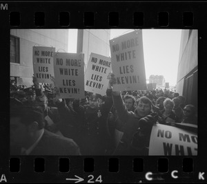 Members of the Boston Police Ass'n are outspoken in their demands that Mayor White keep his promise of equal pay for equal work in a boisterous assembly at City Hall after White's inauguration