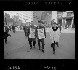 Boston Police demonstrators picketing outside City Hall before Boston Mayor Kevin Whites' inauguration, demanding equal pay for equal work