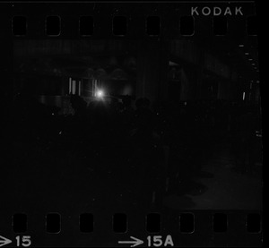 View of dark hallway where members of the Boston Police Association are in City Hall to demand that Mayor White keep his promise of equal pay for equal work after White' s inauguration