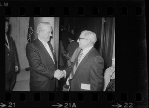 City Council president, Gabriel F. Piemonte, shaking hands with another man at the Mayor's inauguration at Faneuil Hall