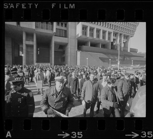 Boston Police Association members picketing for equal pay for equal work outside of City Hall