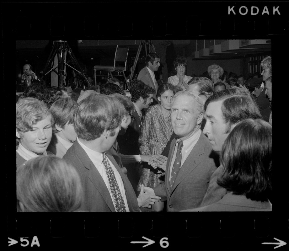 Boston Mayor Kevin White with campaign workers celebrating after he won top spot for runoff position in primary