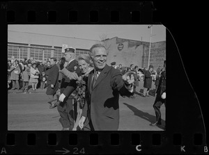 The first dignitary in the line of march at the St. Patrick's Day parade in South Boston was Mayor Kevin White who walks with his wife