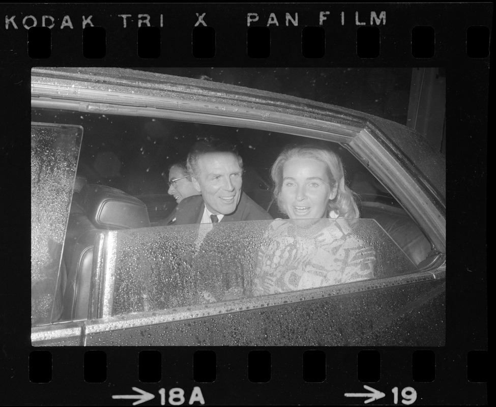 Boston Mayor Kevin White and Kathryn White in car at Bradford Hotel on election night of primary race for governor of Massachusetts