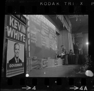 Stage and board tracking live election results at Kevin White's election night party at Bradford Hotel during primary race for governor of Massachusetts