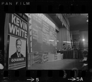 Stage and board tracking live election results at Kevin White's election night party at Bradford Hotel during primary race for governor of Massachusetts