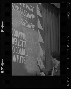 Man filling in election returns on tracking board at Kevin White's election night party at Bradford Hotel during primary race for governor of Massachusetts