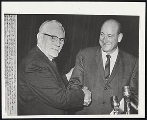 Abel Congratulated-- I.W. Abel, left, is congratulated by Joseph Germane of Chicago today shortly after Abel was officially declared the winner of the election for president of the United Steelworkers. Germane was manager of Abel's campaign against incumbent David J. McDonald.
