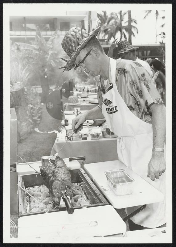 America's Cookout Champion for 1965, Glen D. Adams of Absecon, N.J., is pictured with his prize-winning "Plum-Good Polynesian Beef Roast." The father of six boys, he was awarded $10,000 for his recipe.