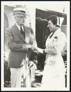 George Ade Steps out Again after Long Illness. Miami Beach, Fla... Stepping out for the first time since his recent and long serious illness, George Ade, 70-year-old hoosier humorist took occasion to thank nurse Ellen Day, who helped him to win his fight against affliction.