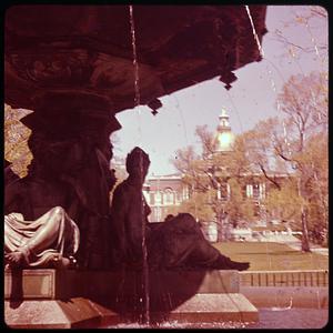 Closeup of Brewer Fountain, Massachusetts State House in background