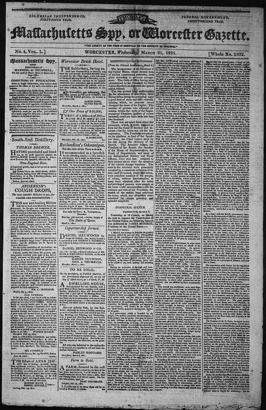 Thomas's Massachusetts Spy, Or, Worcester Gazette. March 21, 1821 ...