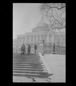 State House in snowstorm, downtown Boston