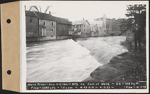 Ware River, George H. Gilbert Manufacturing Co. dam at Ware, drainage area = 168 square miles, flow 1280 cubic feet per second = 7.6 cubic feet per second per square mile, Ware, Mass., 4:45 PM, Apr. 3, 1933