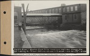 Swift River, Boston Duck Mills, looking at weir near steam station, drainage area = 192 square miles, flow in river (visible in photo) 1060 cubic feet per second, flow through canal = 500 cubic feet per second, total 1560 cubic feet per second = 8.1 cubic feet per second per square mile, Palmer, Mass., 10:45 AM, Apr. 4, 1933